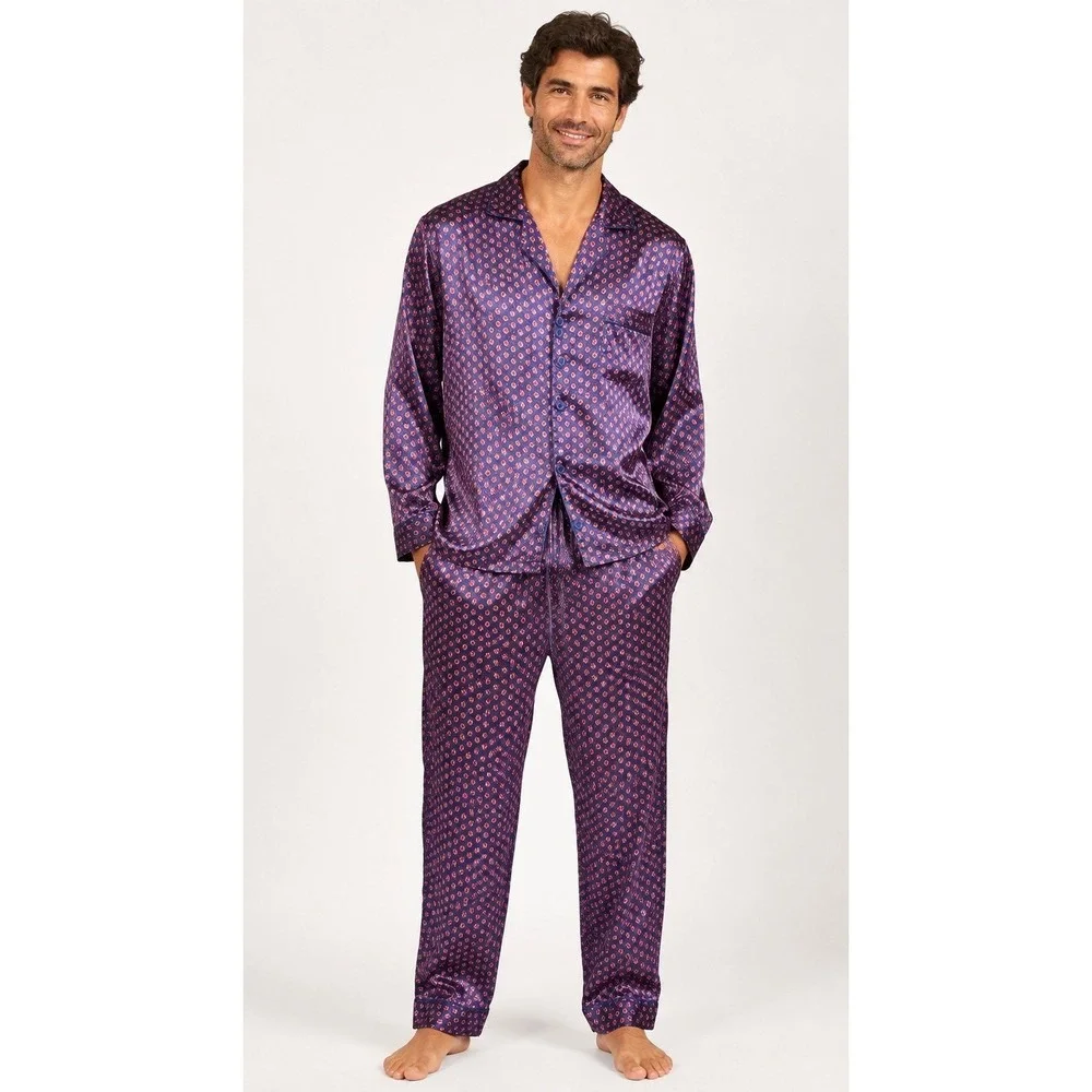 Robert Louis Men's Large Silk Blend Pajama Set Blue Red Print Button Front